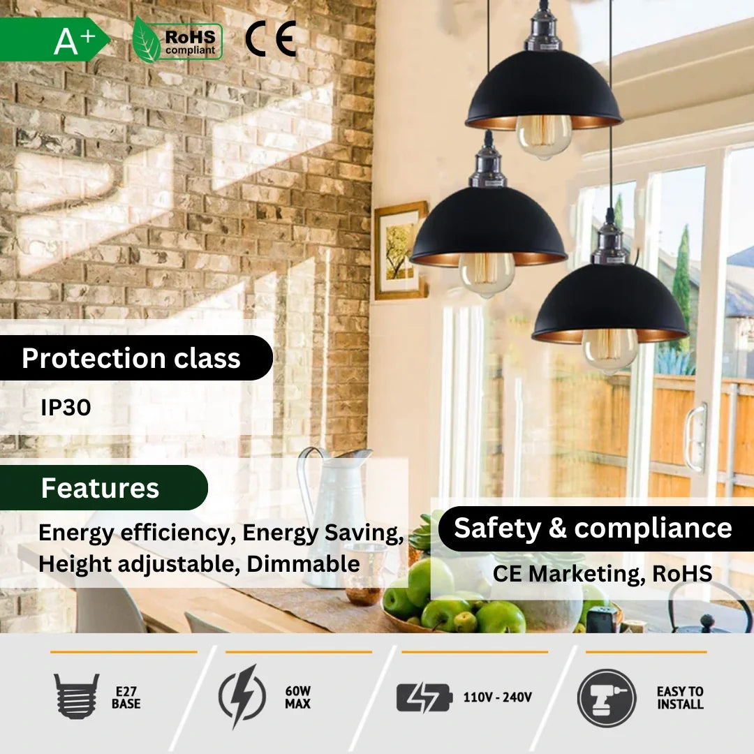 3-Light Cluster Pendant – Dome, Cone or Amber Glass Shades, E27 - photo 4