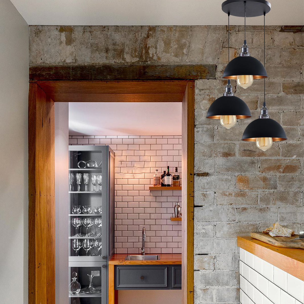 3-Light Cluster Pendant – Dome, Cone or Amber Glass Shades, E27 - photo 6