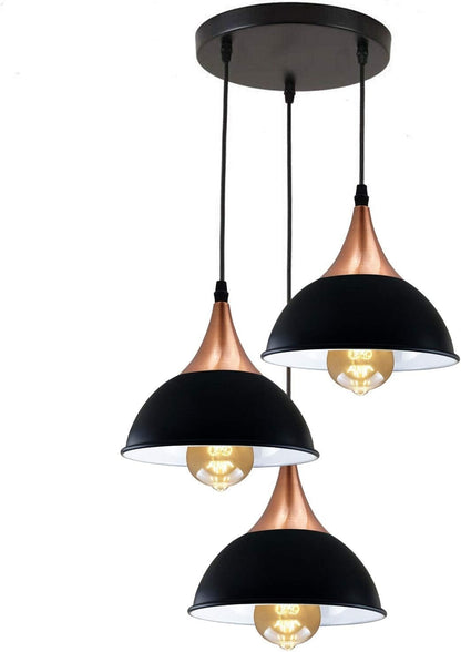 3-Light Cluster Pendant – Dome, Cone or Amber Glass Shades, E27 - Copper, Dome 21 cm Black 200 mm Rose, Without Bulb