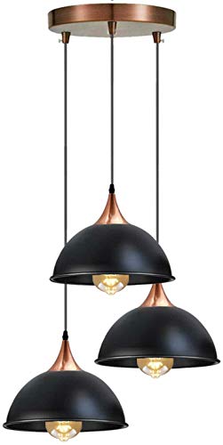 3-Light Cluster Pendant – Dome, Cone or Amber Glass Shades, E27 - Copper, Dome 21 cm Black & Gold, Without Bulb