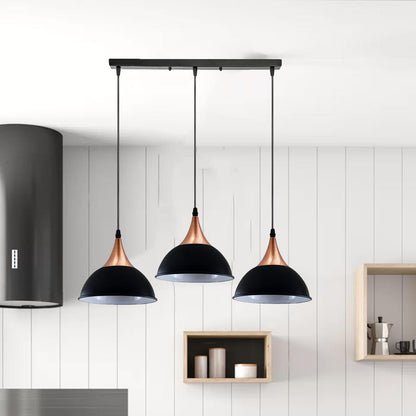 3-Light Cluster Pendant – Dome, Cone or Amber Glass Shades, E27 - Copper, Dome 21 cm Black & White Inner 500 mm Rose, Without Bulb