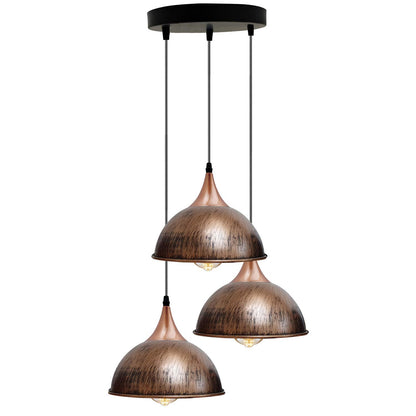3-Light Cluster Pendant – Dome, Cone or Amber Glass Shades, E27 - Copper, Dome 21 cm Brushed Copper 200 mm Rose, Without Bulb