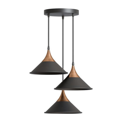 3-Light Cluster Pendant – Dome, Cone or Amber Glass Shades, E27 - Copper, Flat Cone 22 cm Black, Without Bulb