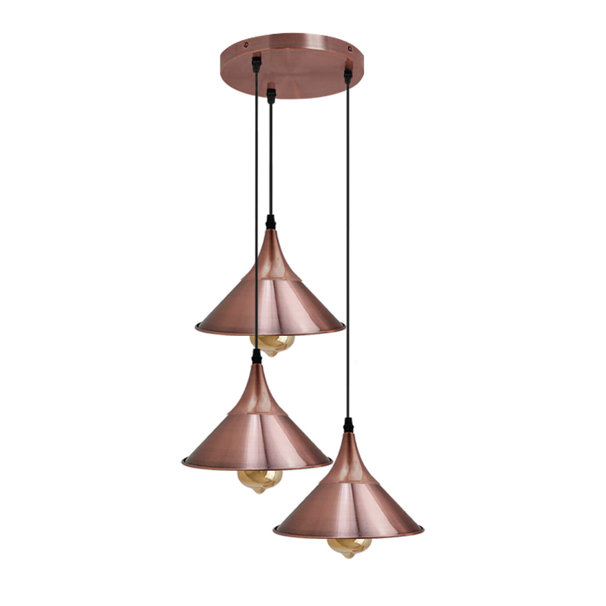 3-Light Cluster Pendant – Dome, Cone or Amber Glass Shades, E27 - Copper, Flat Cone 22 cm Copper, Without Bulb