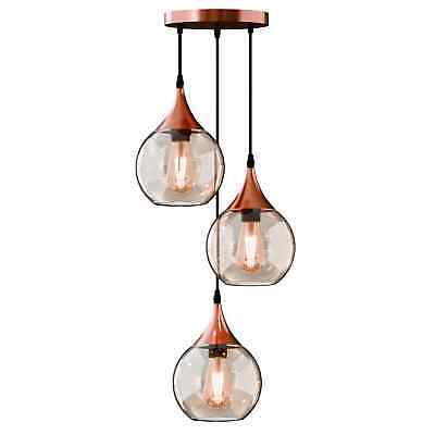 3-Light Cluster Pendant – Dome, Cone or Amber Glass Shades, E27 - Copper, Glass Globe 20 cm Amber, Without Bulb