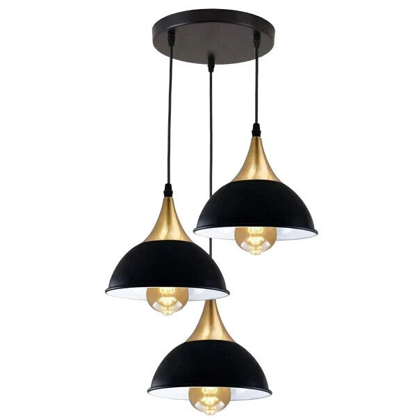 3-Light Cluster Pendant – Dome, Cone or Amber Glass Shades, E27 - Gold, Dome 21 cm Black & White Inner 200 mm Rose, Without Bulb