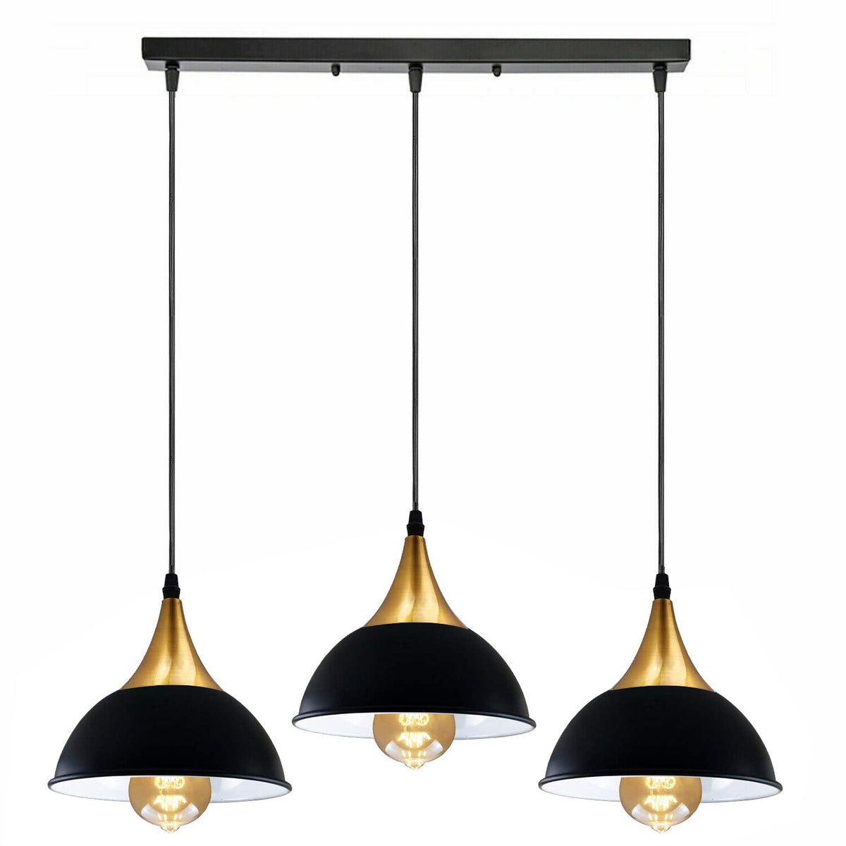 3-Light Cluster Pendant – Dome, Cone or Amber Glass Shades, E27 - Gold, Dome 21 cm Black & White Inner 500 mm Rose, Without Bulb