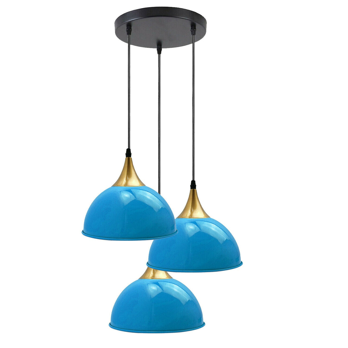 3-Light Cluster Pendant – Dome, Cone or Amber Glass Shades, E27 - Gold, Dome 21 cm Blue, Without Bulb