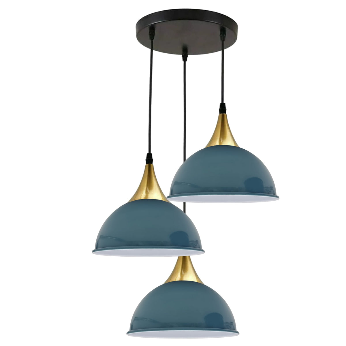 3-Light Cluster Pendant – Dome, Cone or Amber Glass Shades, E27 - Gold, Dome 21 cm Cyan Blue, Without Bulb