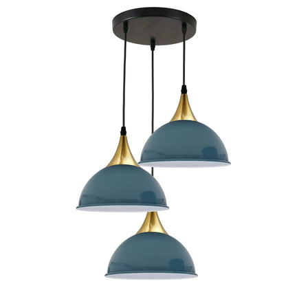 3-Light Cluster Pendant – Dome, Cone or Amber Glass Shades, E27 - Gold, Dome 21 cm Cyan Blue, Without Bulb
