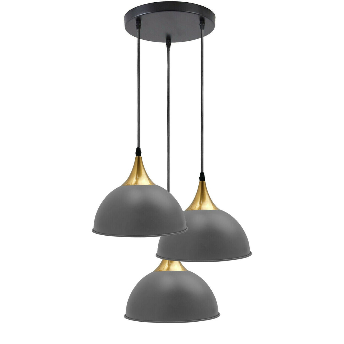 3-Light Cluster Pendant – Dome, Cone or Amber Glass Shades, E27 - Gold, Dome 21 cm Grey, Without Bulb