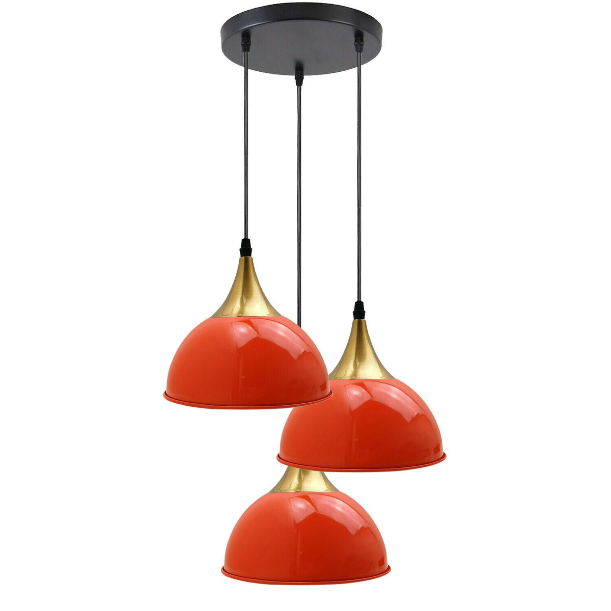 3-Light Cluster Pendant – Dome, Cone or Amber Glass Shades, E27 - Gold, Dome 21 cm Orange, Without Bulb