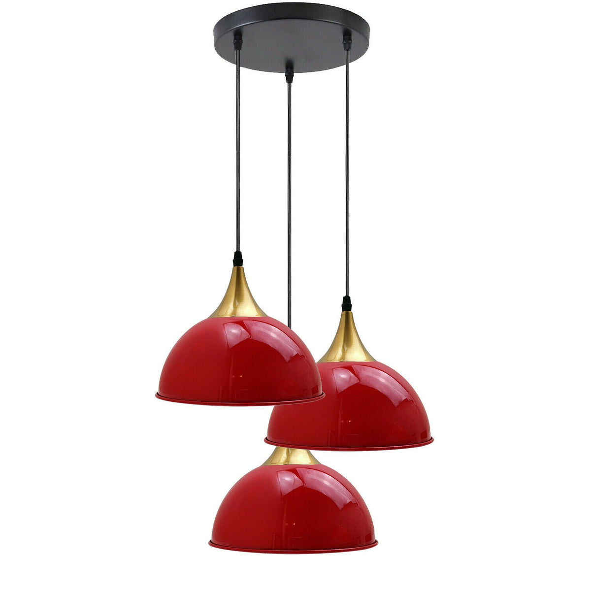 3-Light Cluster Pendant – Dome, Cone or Amber Glass Shades, E27 - Gold, Dome 21 cm Red, Without Bulb
