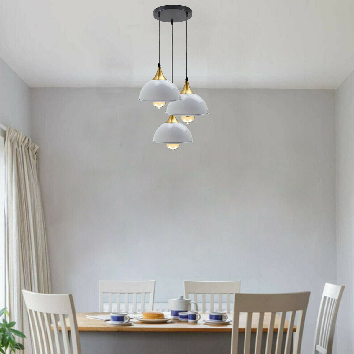 3-Light Cluster Pendant – Dome, Cone or Amber Glass Shades, E27 - Gold, Dome 21 cm White, Without Bulb