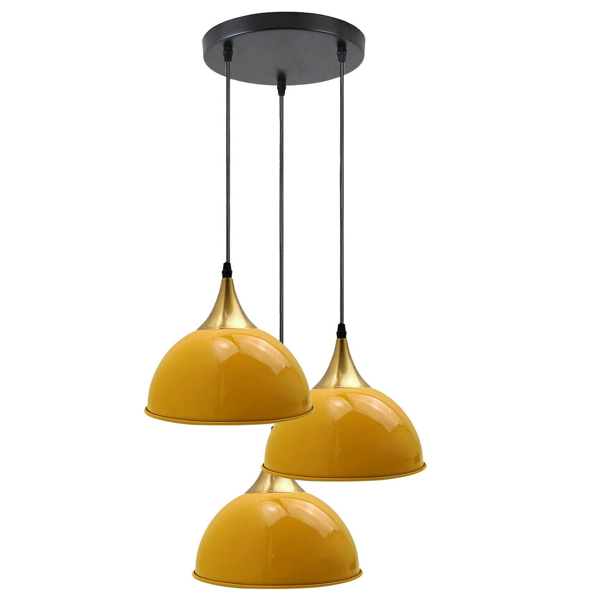 3-Light Cluster Pendant – Dome, Cone or Amber Glass Shades, E27 - Gold, Dome 21 cm Yellow, Without Bulb