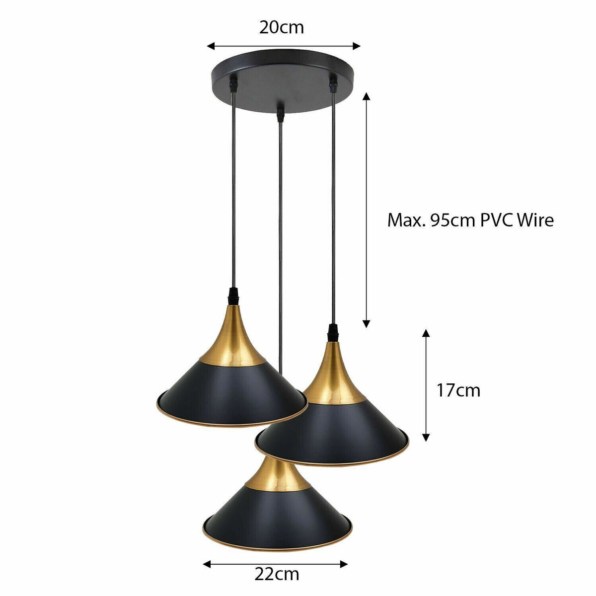 3-Light Cluster Pendant – Dome, Cone or Amber Glass Shades, E27 - photo 34
