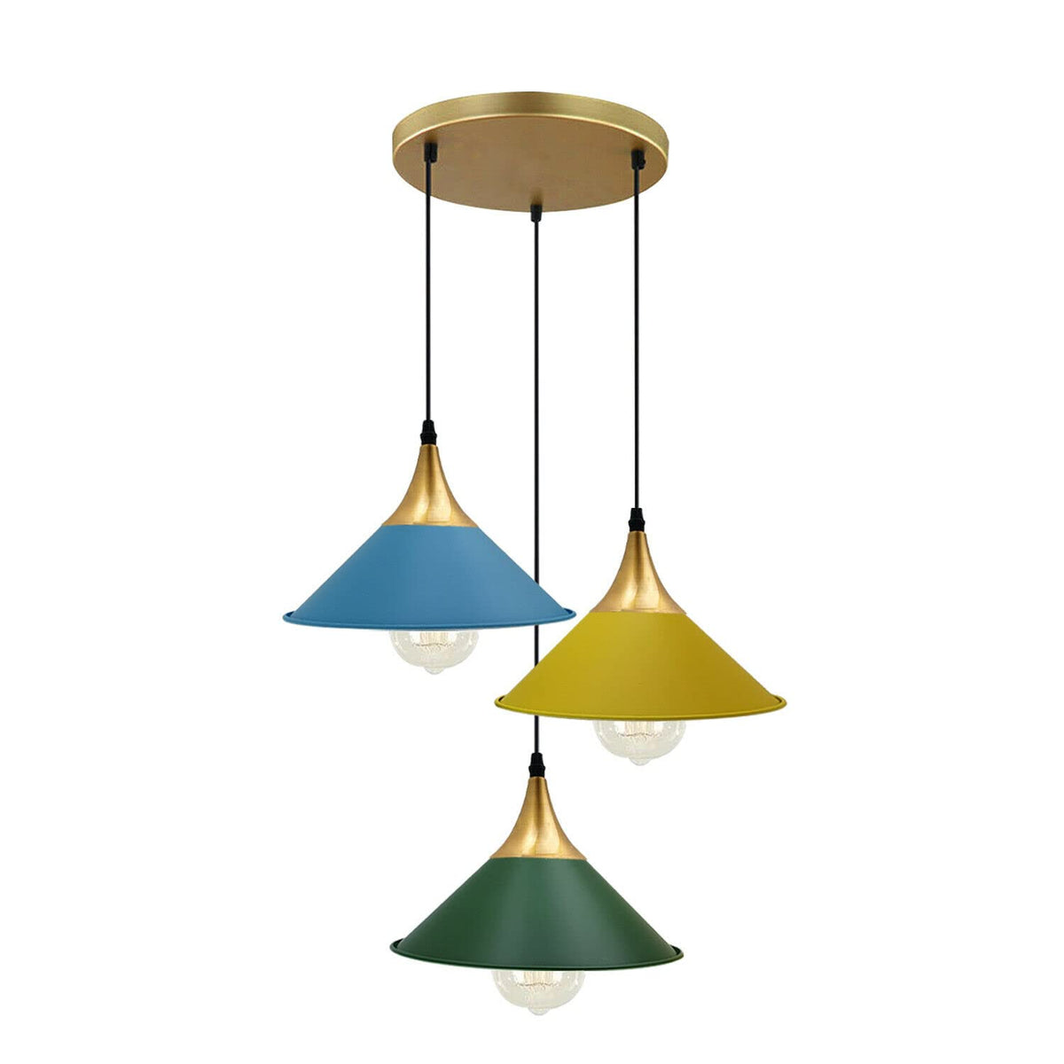 3-Light Cluster Pendant – Dome, Cone or Amber Glass Shades, E27 - Gold, Flat Cone 22 cm Blue, Green & Yellow, Without Bulb