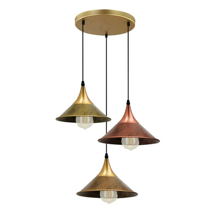 3-Light Cluster Pendant – Dome, Cone or Amber Glass Shades, E27 - Gold, Flat Cone 22 cm Brass, Copper & Rustic Red, Without Bulb
