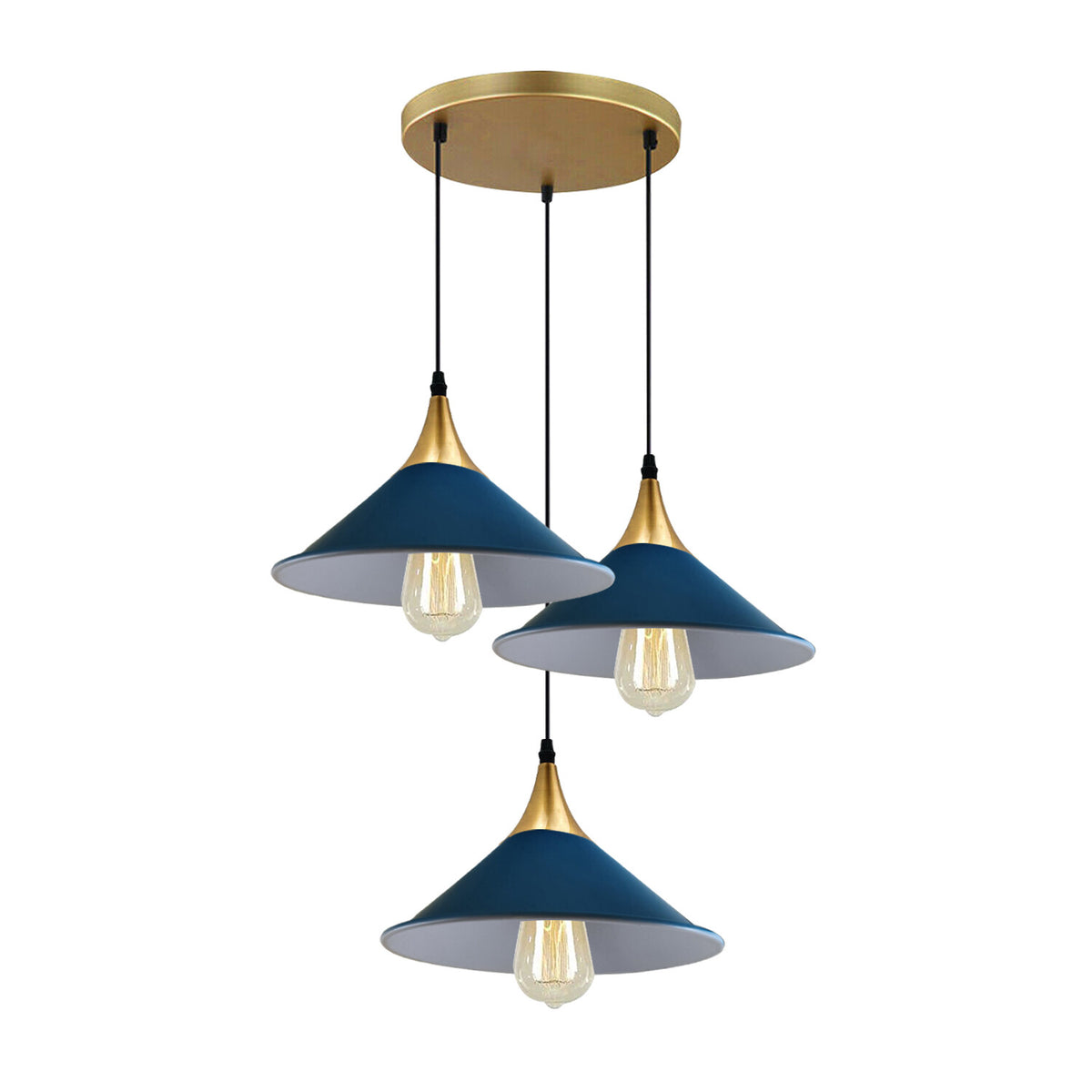 3-Light Cluster Pendant – Dome, Cone or Amber Glass Shades, E27 - Gold, Flat Cone 22 cm Navy Blue, Without Bulb