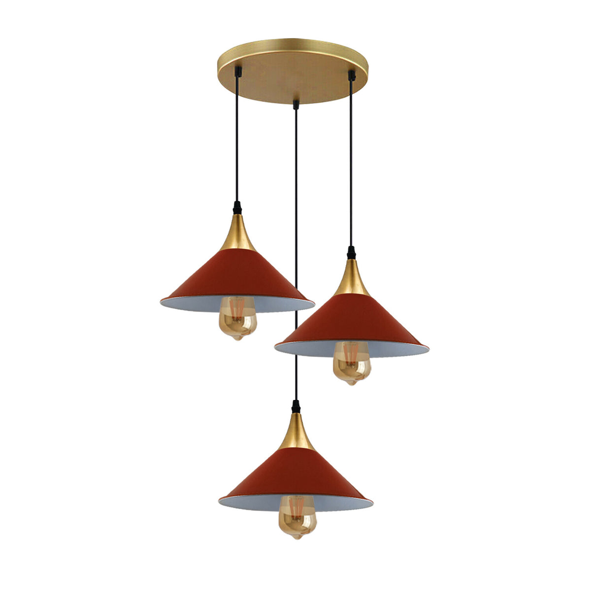 3-Light Cluster Pendant – Dome, Cone or Amber Glass Shades, E27 - Gold, Flat Cone 22 cm Orange, Without Bulb