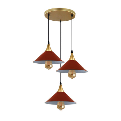 3-Light Cluster Pendant – Dome, Cone or Amber Glass Shades, E27 - Gold, Flat Cone 22 cm Orange, Without Bulb
