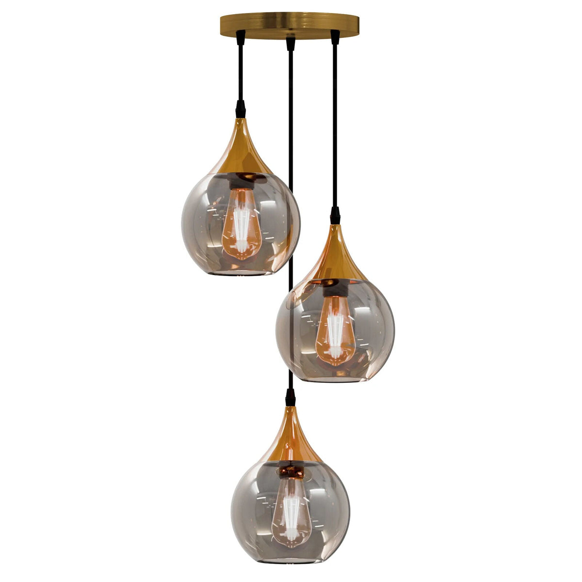 3-Light Cluster Pendant – Dome, Cone or Amber Glass Shades, E27 - Gold, Glass Globe 20 cm Amber, Without Bulb