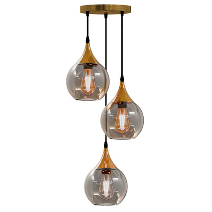 3-Light Cluster Pendant – Dome, Cone or Amber Glass Shades, E27 - Gold, Glass Globe 20 cm Amber, Without Bulb