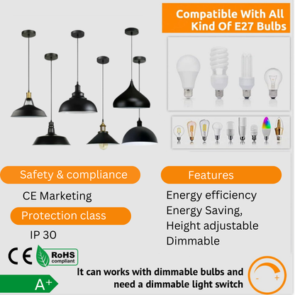Industrial Pendant Light – Black Holder, Shade or Cage Options, E27 - photo 4