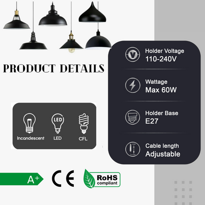 Industrial Pendant Light – Black Holder, Shade or Cage Options, E27 - photo 5