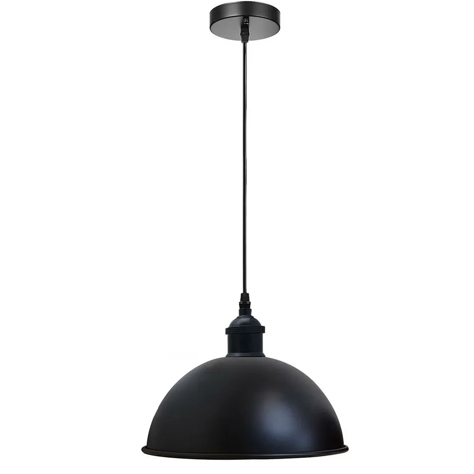 Industrial Metal Pendant Light – Dome, Flat or Cone Shade, E27 - Black, Dome 21 cm Black, Without Bulb
