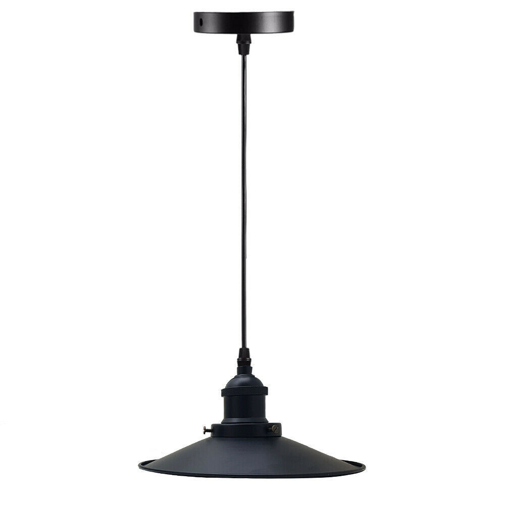 Industrial Metal Pendant Light – Dome, Flat or Cone Shade, E27 - Black, Flat Black, with Shade Ring, Without Bulb
