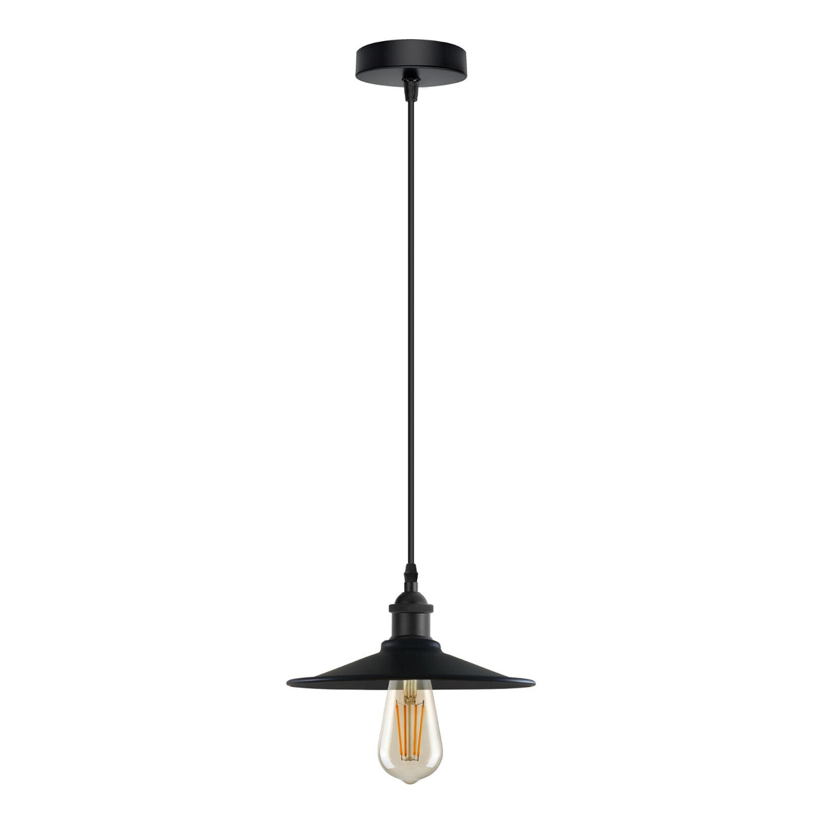 Industrial Metal Pendant Light – Dome, Flat or Cone Shade, E27 - Black, Flat Black, Without Bulb
