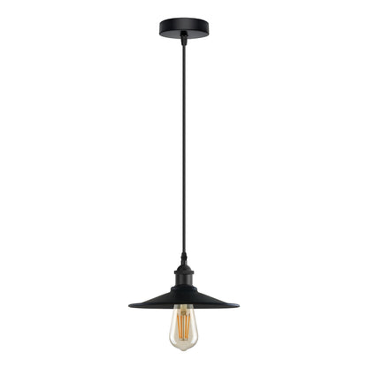 Industrial Metal Pendant Light – Dome, Flat or Cone Shade, E27 - Black, Flat Black, Without Bulb
