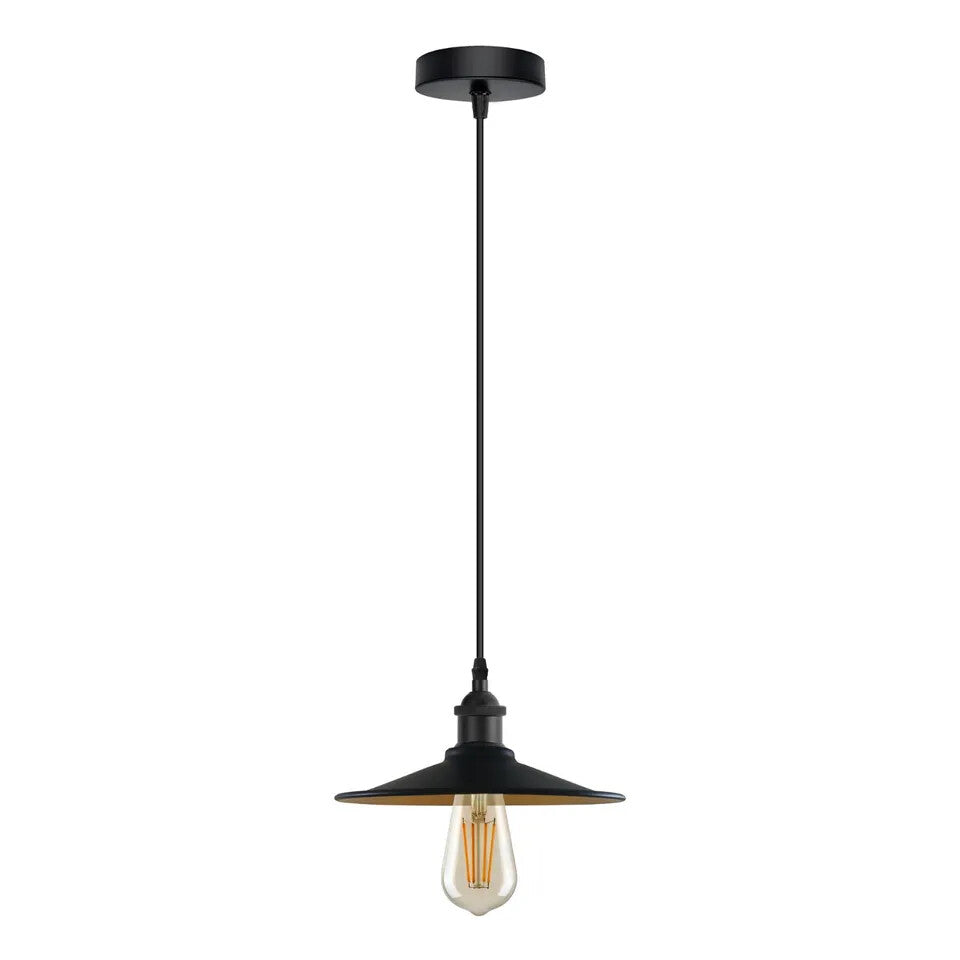 Industrial Metal Pendant Light – Dome, Flat or Cone Shade, E27 - Black, Flat Black & Gold, Without Bulb