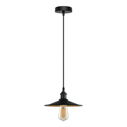 Industrial Metal Pendant Light – Dome, Flat or Cone Shade, E27 - Black, Flat Black & Gold, Without Bulb