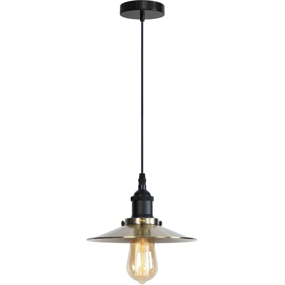 Industrial Metal Pendant Light – Dome, Flat or Cone Shade, E27 - Black, Flat Green Brass, Without Bulb