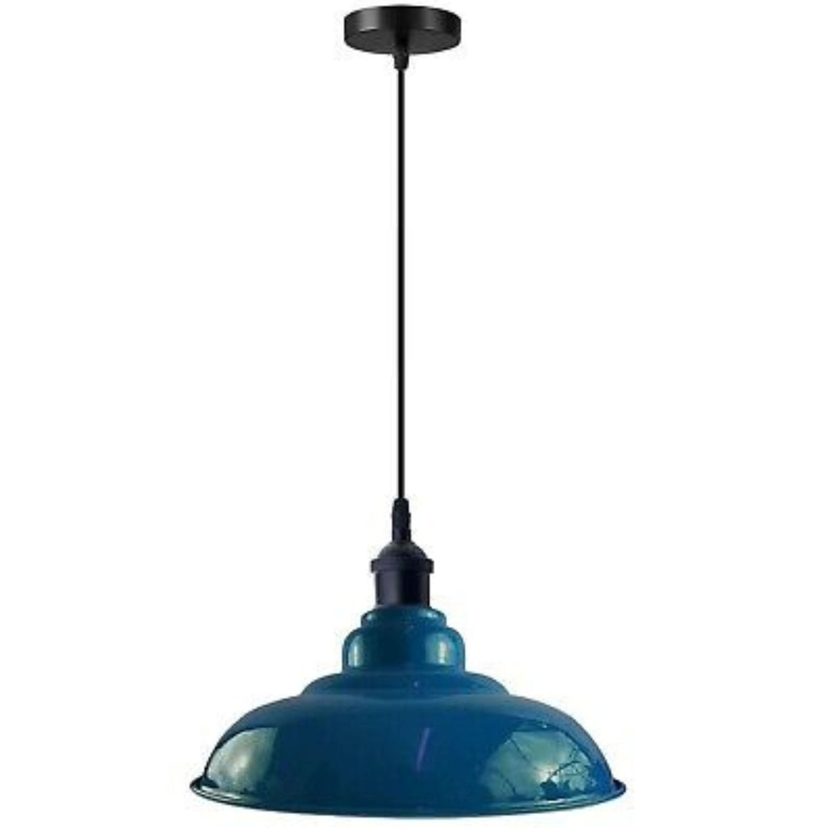 Industrial Metal Pendant Light – Dome, Flat or Cone Shade, E27 - Black, Gloss Metal 32 cm Cyan Blue, Without Bulb