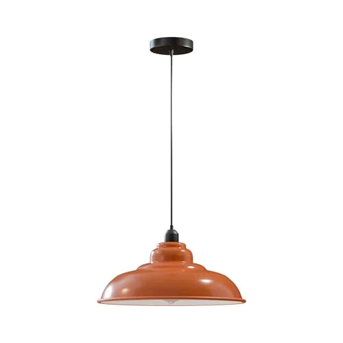 Industrial Metal Pendant Light – Dome, Flat or Cone Shade, E27 - Black, Gloss Metal 32 cm Orange, Without Bulb