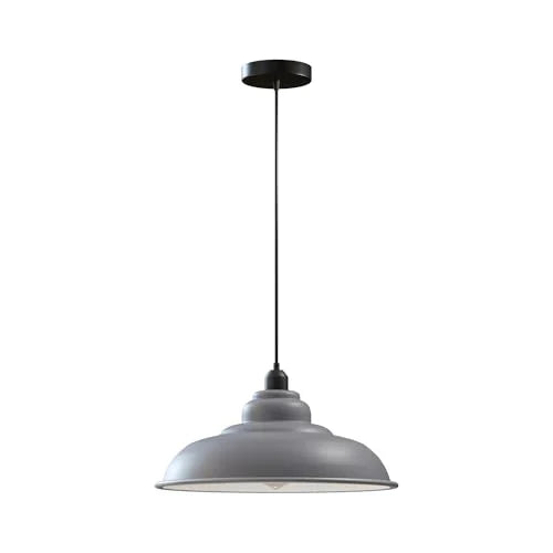 Industrial Metal Pendant Light – Dome, Flat or Cone Shade, E27 - Black, Gloss Metal 32 cm Grey, Without Bulb