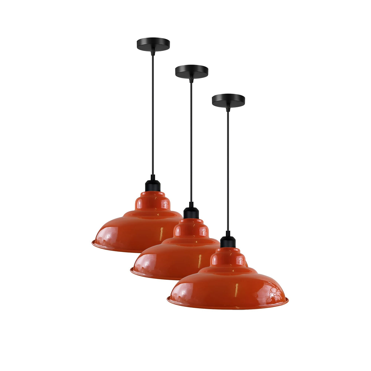 Industrial Metal Pendant Light – Dome, Flat or Cone Shade, E27 - Black, Gloss Metal 32 cm Orange Pack of 3, Without Bulb
