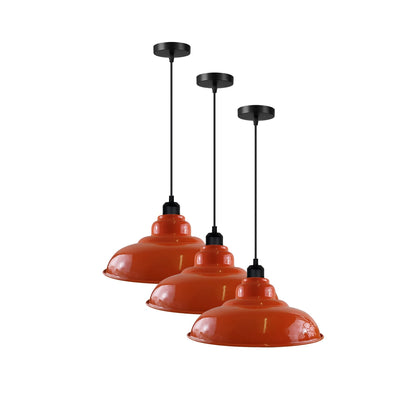 Industrial Metal Pendant Light – Dome, Flat or Cone Shade, E27 - Black, Gloss Metal 32 cm Orange Pack of 3, Without Bulb