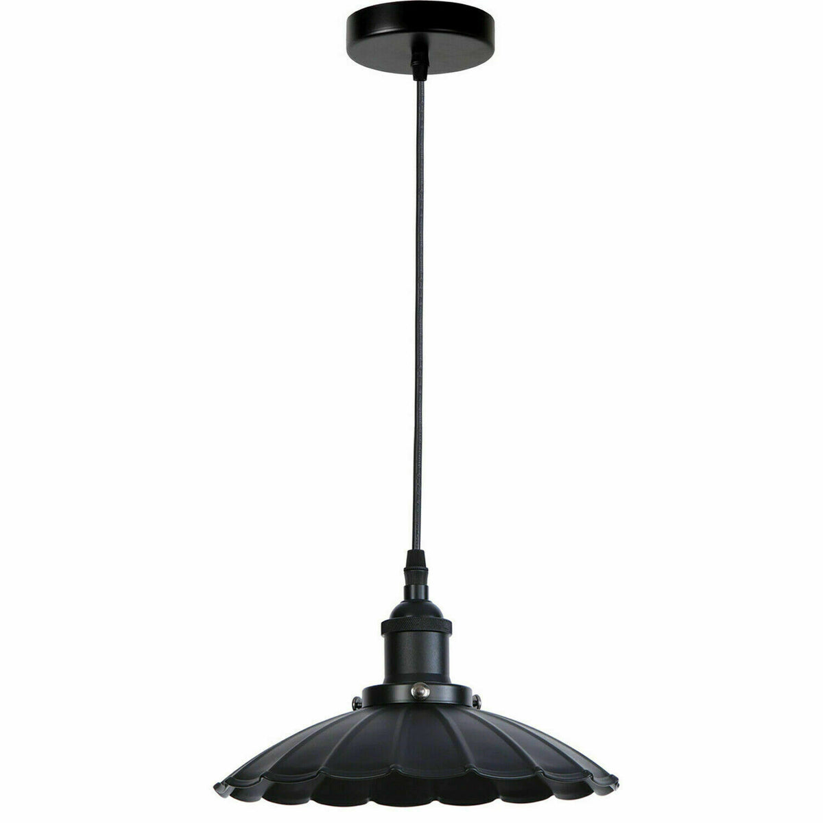 Industrial Metal Pendant Light – Dome, Flat or Cone Shade, E27 - Black, Lounge 22 cm Black, ST64 LED Bulb 4W