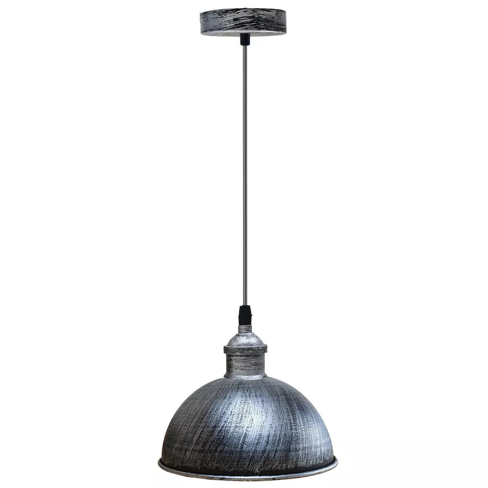 Industrial Metal Pendant Light – Dome, Flat or Cone Shade, E27 - Brushed Silver, Dome 21 cm Brushed Silver, Without Bulb