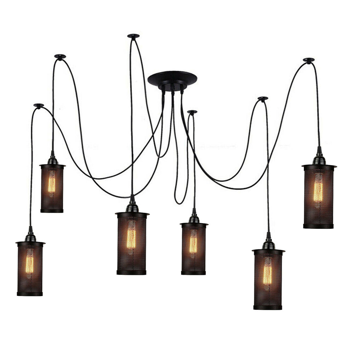 6-Light Spider Pendant – Black, Drum or Wire Cages, E27 - Black, Cage Drum Black 200 mm Rose Hook, Without Bulb