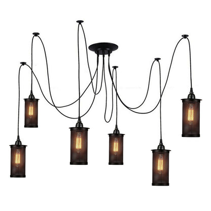 6-Light Spider Pendant – Black, Drum or Wire Cages, E27 - Black, Cage Drum Black 200 mm Rose Hook, Without Bulb
