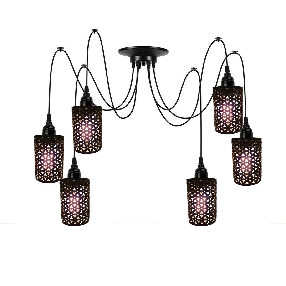 6-Light Spider Pendant – Black, Drum or Wire Cages, E27 - Black, Barrel Cage Style 2 Black 200 mm Rose Hook, Without Bulb