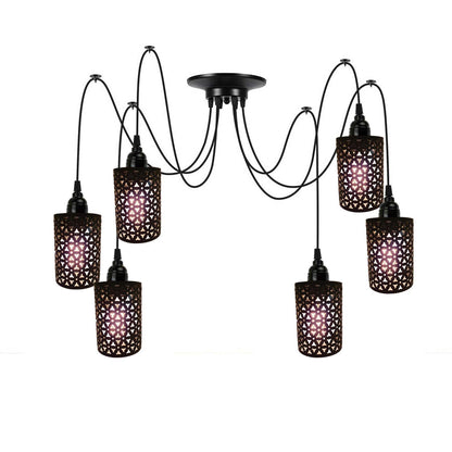 6-Light Spider Pendant – Black, Drum or Wire Cages, E27 - Black, Barrel Cage Style 2 Black 200 mm Rose Hook, Without Bulb