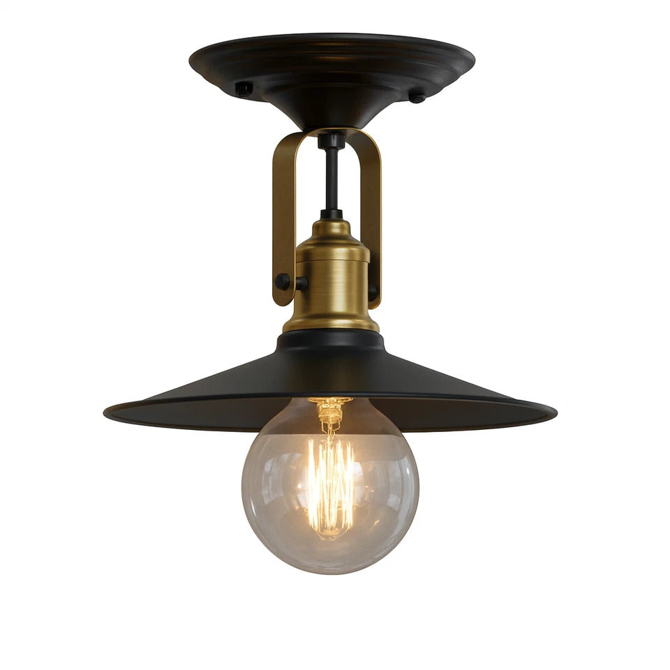 Industrial Stirrup Lamp Holder Pendant Set – Black or Brass, E27 - Yellow Brass, Flat Black, G80 LED Bulb 4W