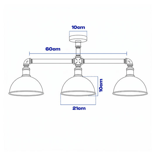 3-Light Industrial Pipe Ceiling Light – Shades or Cages, E27 - photo 2