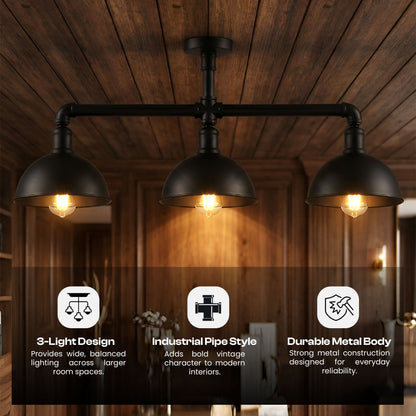 3-Light Industrial Pipe Ceiling Light – Shades or Cages, E27 - photo 3